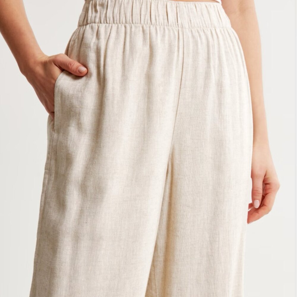 Abercrombie Linen Blend Cropped Wide Leg Pants Large in Color Cream